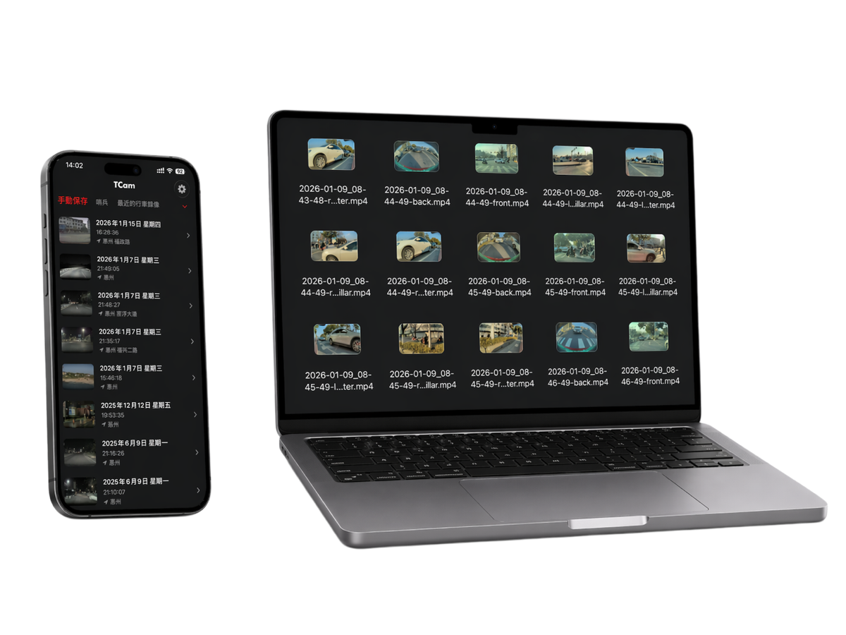 TCam 自动整理特斯拉行车记录仪和哨兵模式视频，展示时间线聚合与片段定位