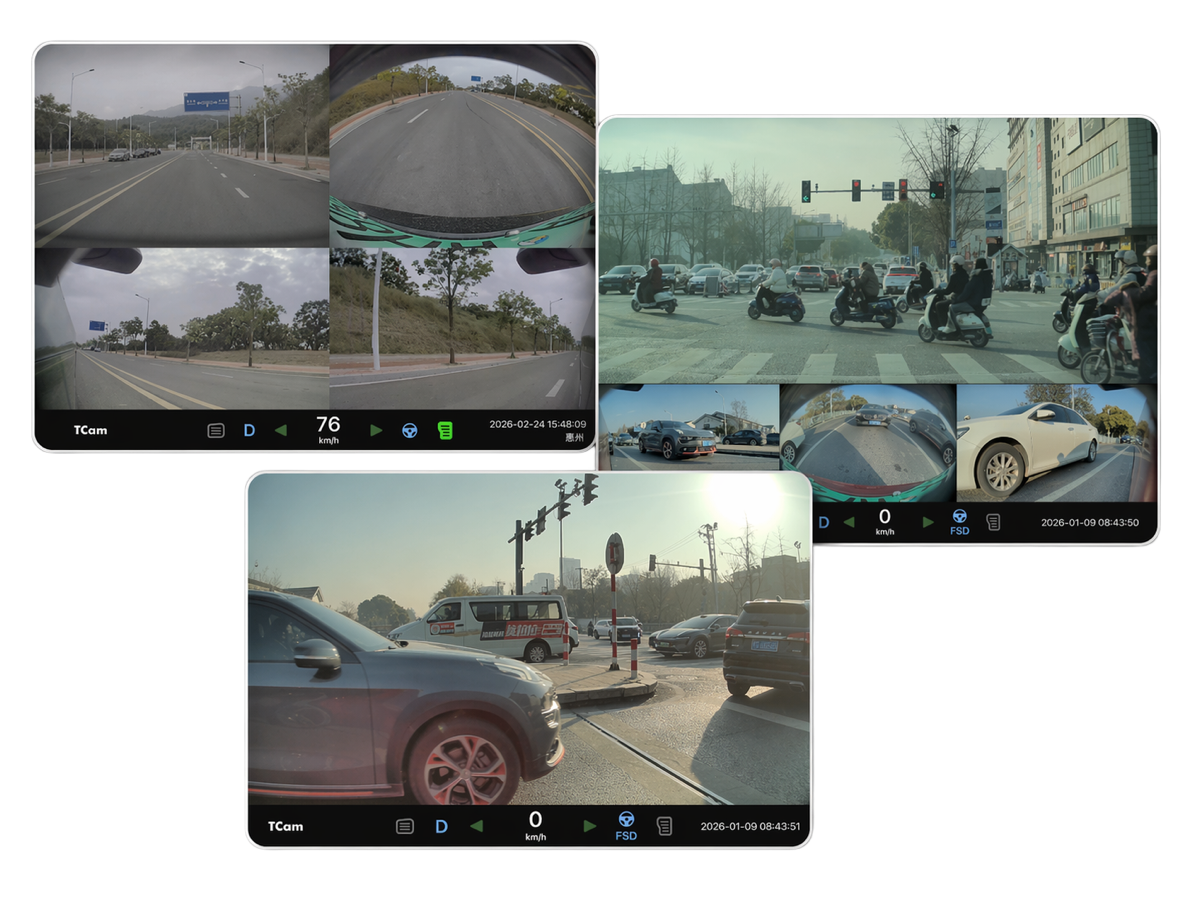 TCam 导出 Tesla 行车记录仪视频，展示单视角、多视角、四宫格与水印样式