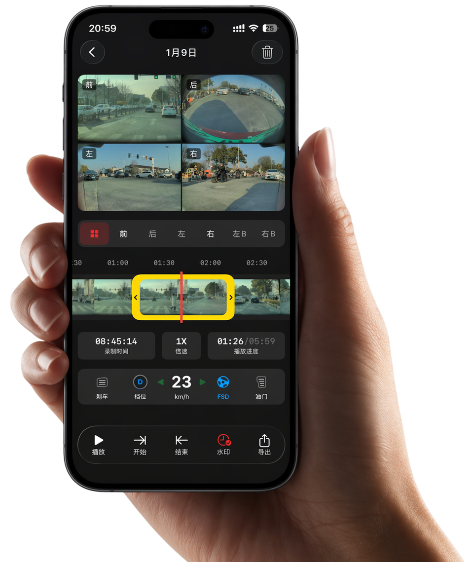 TCam iPhone 应用界面，展示 Tesla 行车记录仪多视角回看与视频导出