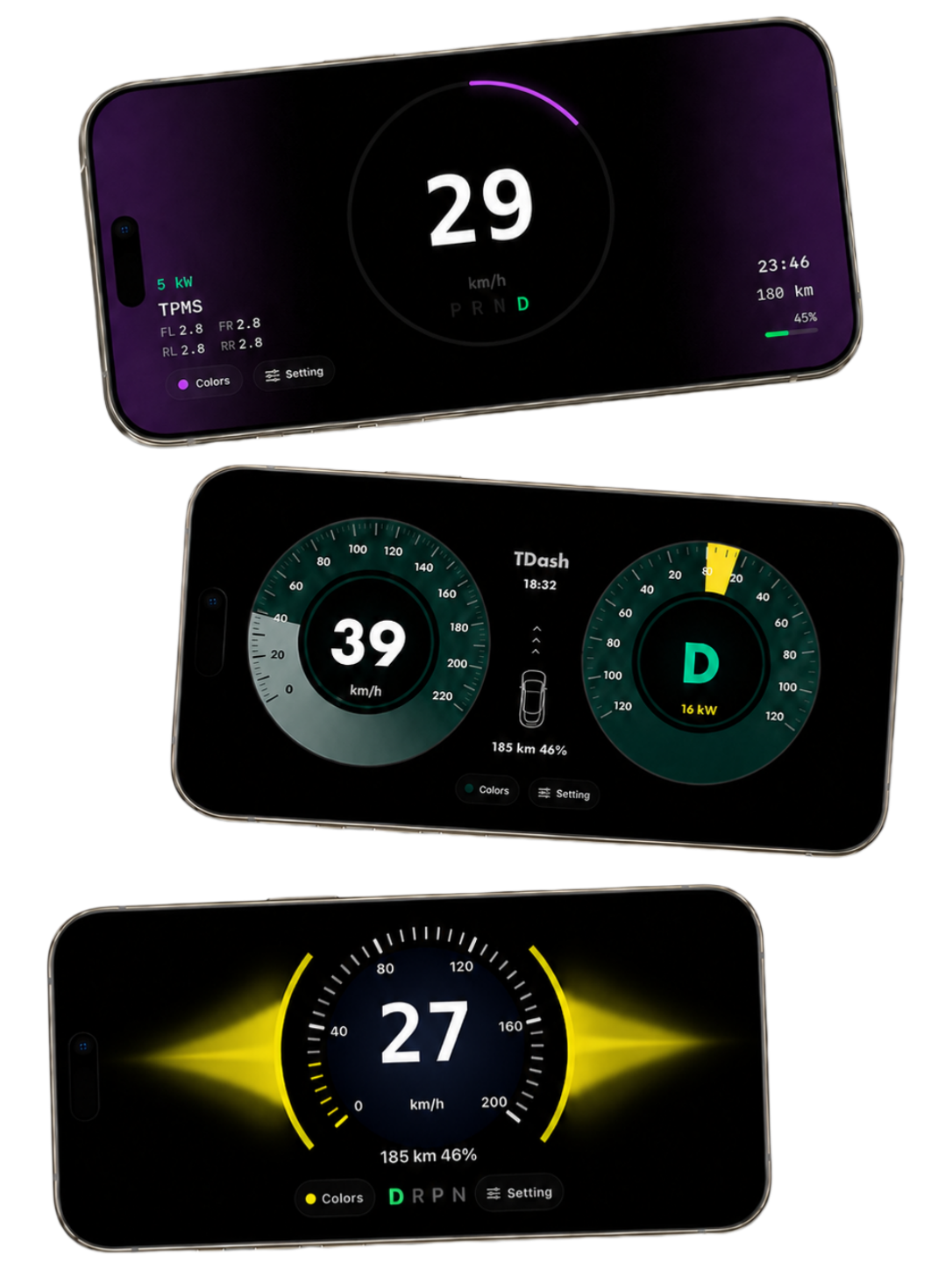 TDash iPhone 实时仪表盘界面，展示 Tesla 车速、电量、续航与车辆状态